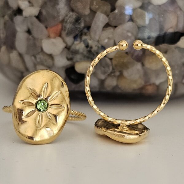 Anillo Flor Circonita verde Dorado en acero ajustable